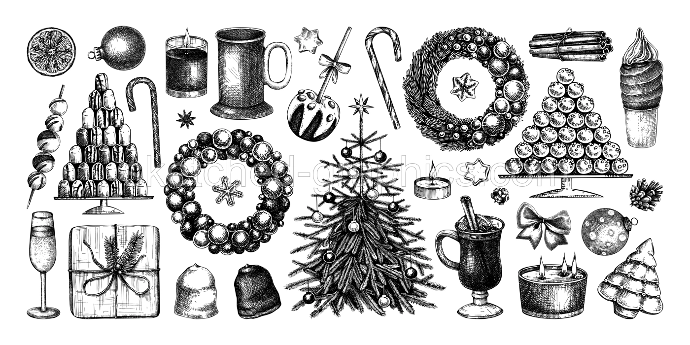 Christmas decoration elements. Hand drawn vector illustrations set. Winter holiday vintage design. Christmas tree decoration, Christmas wreath, hot drinks, candies, cookies, sweets sketches Illustration